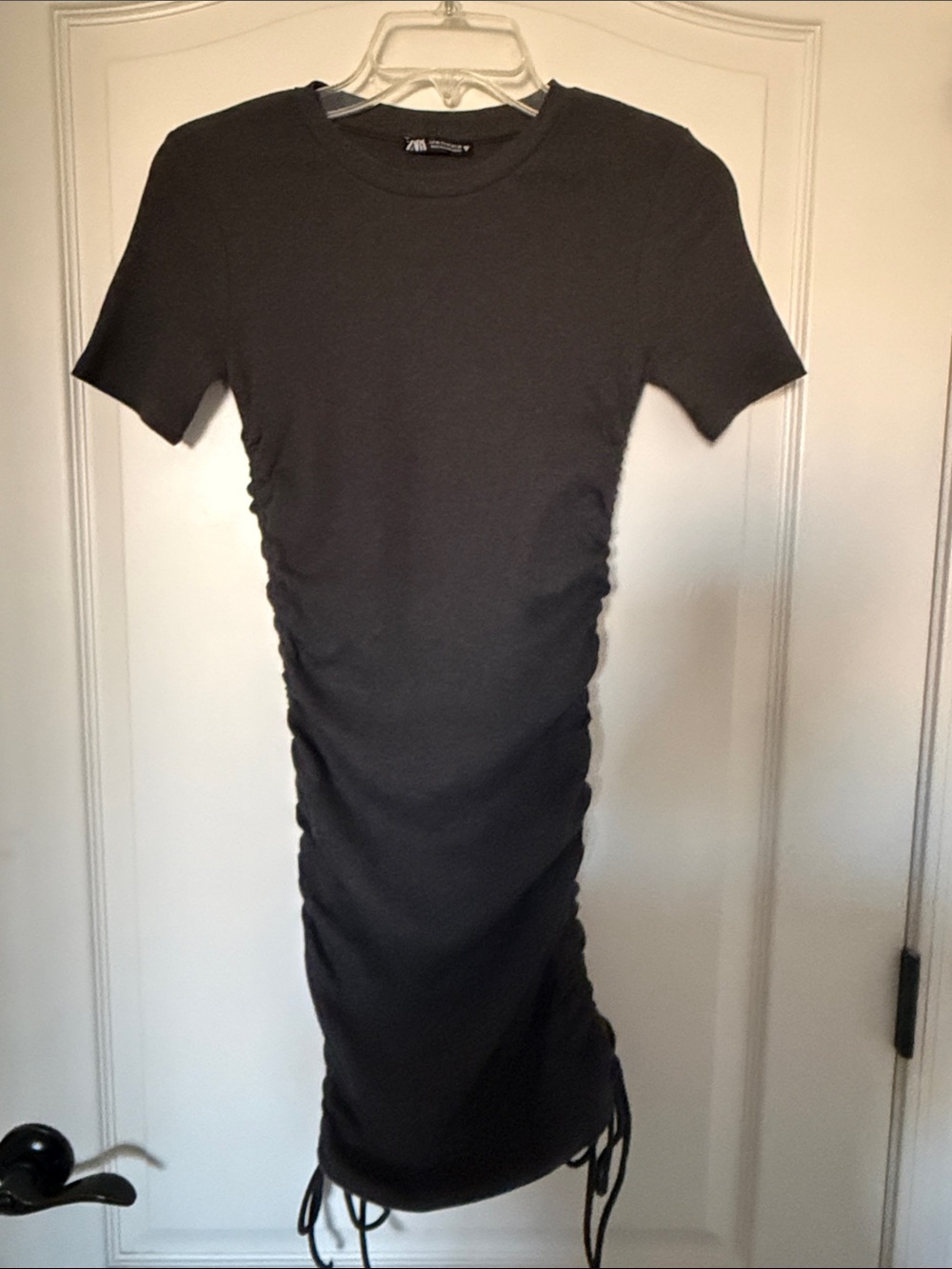 Zara Black Short-Sleeve Ruched Midi Dress